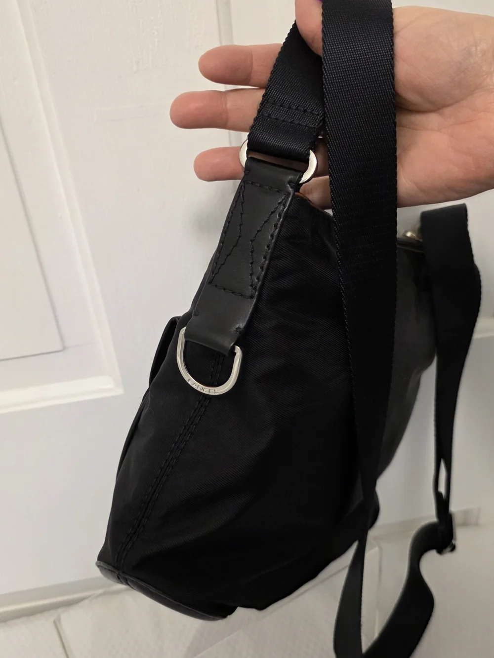 Lancel Paris Black Nylon Crossbody Bag with Front Flap & Zip Pockets Lightweight